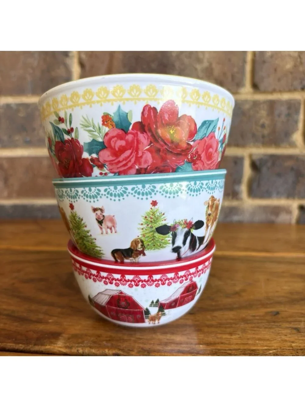 Pioneer Woman Rose Farm Animals Melamine Measuring Bowls Cups Christmas Set Of 3